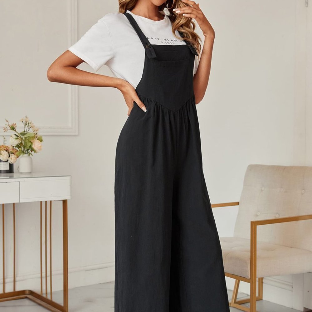 Black Casual Womens Solid Pocket Front Overall Jumpsuit Without Tee - Picture 5 of 5